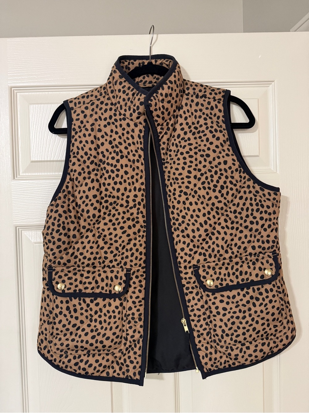 J. Crew Tan Cheetah Print Quilted Vest with Black Trim